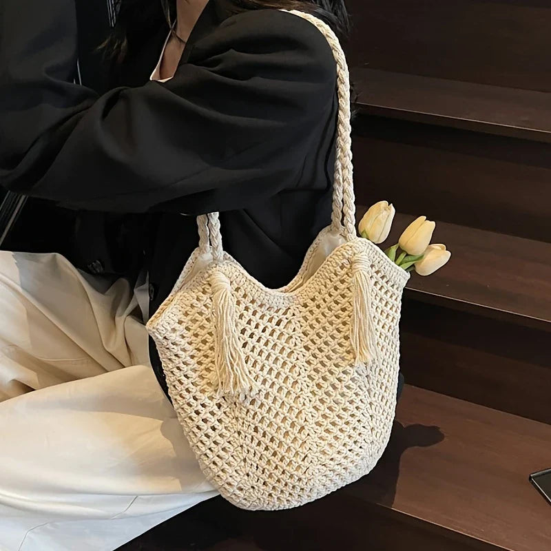 Zomerse Boho Dames Schoudertas met Gevlochten Handvatten