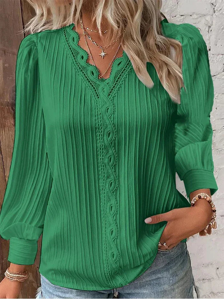 Delilah | Women's V Neck Ribbed Long Sleeve Blouse - Black - Image 3