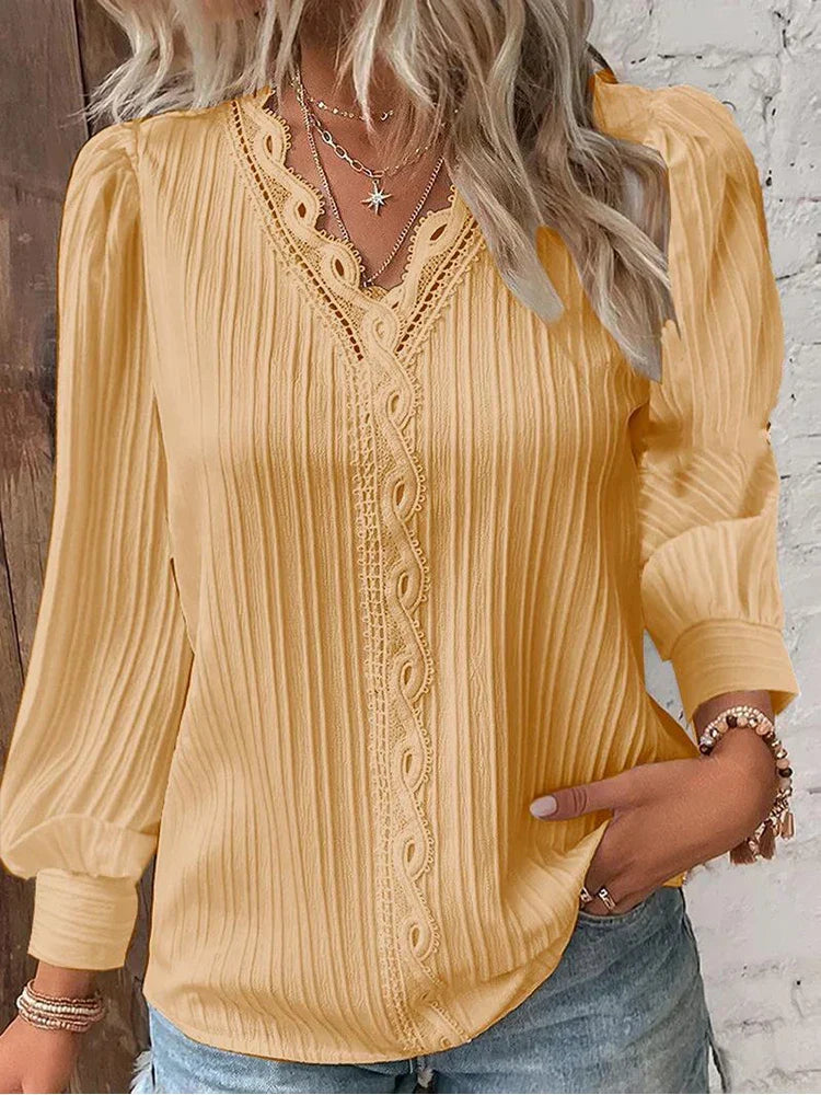 Delilah | Women's V Neck Ribbed Long Sleeve Blouse - Black - Image 7