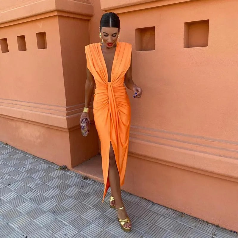 Darly| Elegant Draped Evening Dress with Split