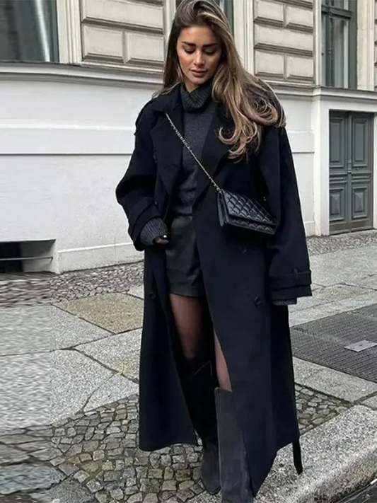 Oversized Dames Mantel Jas met Lange Pasvorm en Dubbele Knopen