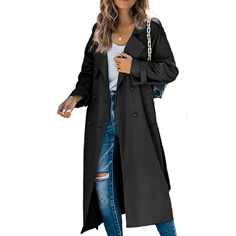 Lange Dames Trenchcoat met Ceintuur en Dubbele Knopen