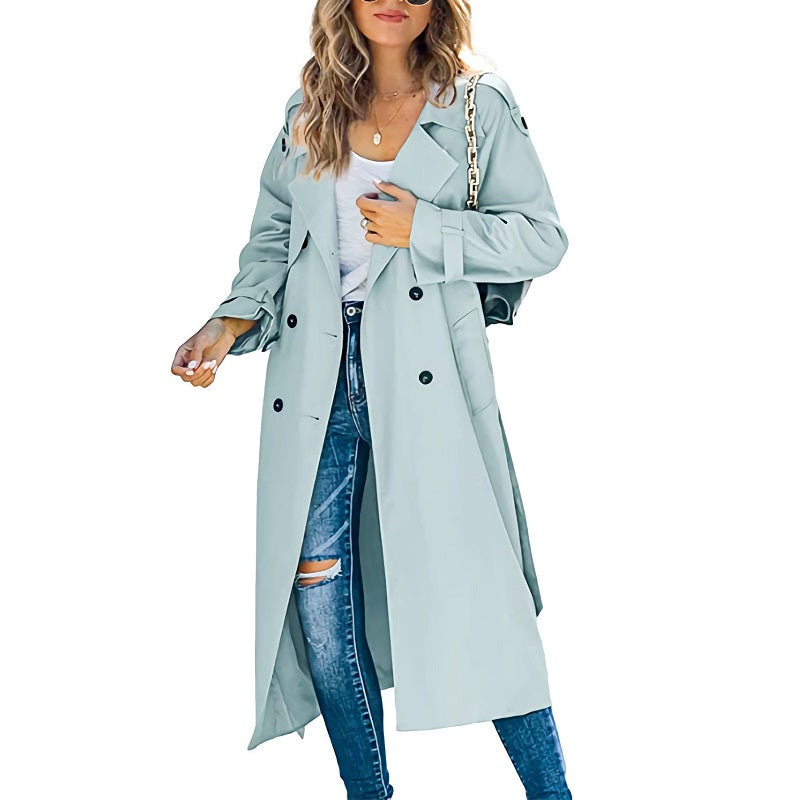 Lange Dames Trenchcoat met Ceintuur en Dubbele Knopen