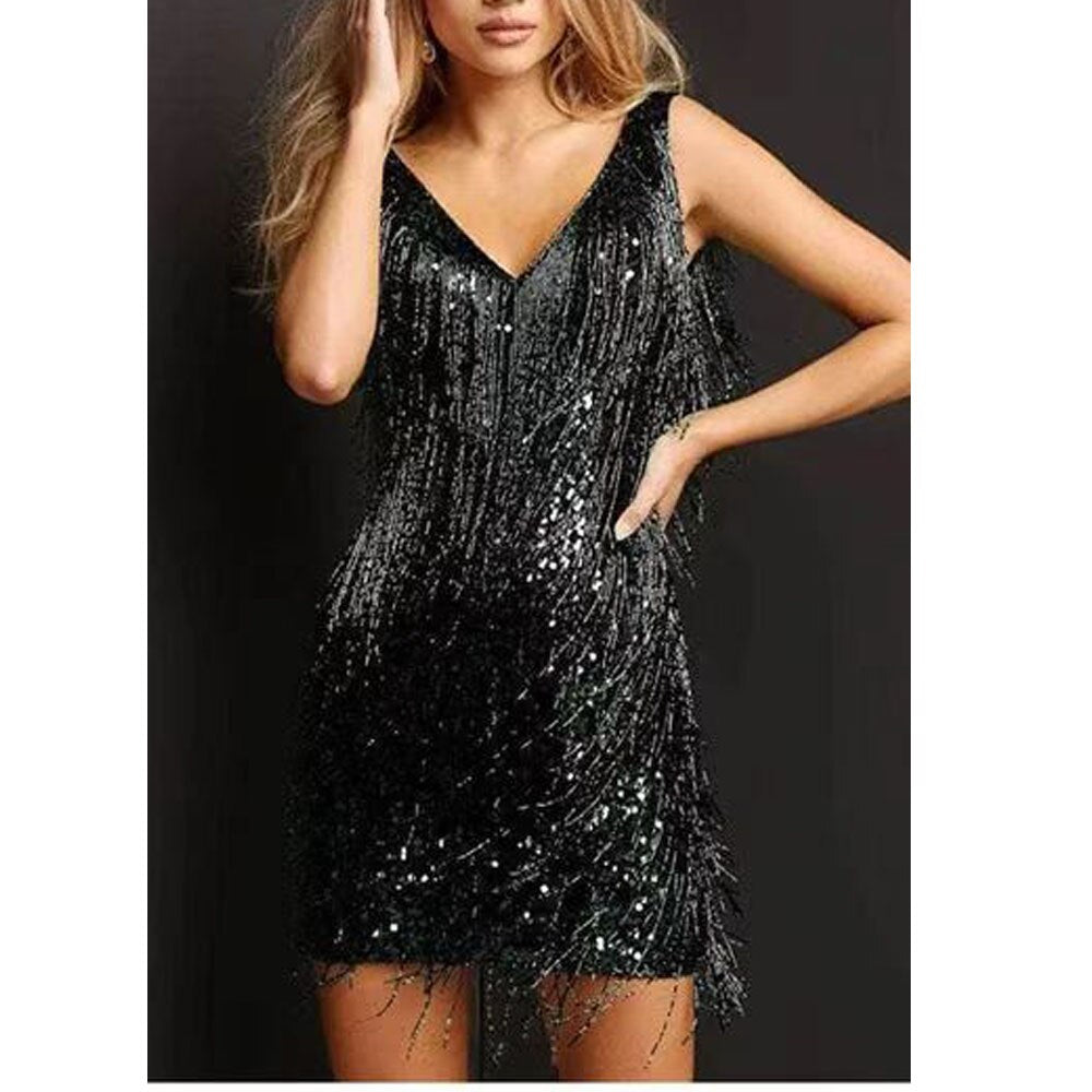Feestelijke Dames Cocktail Mini Jurk met Glanzende Franjes