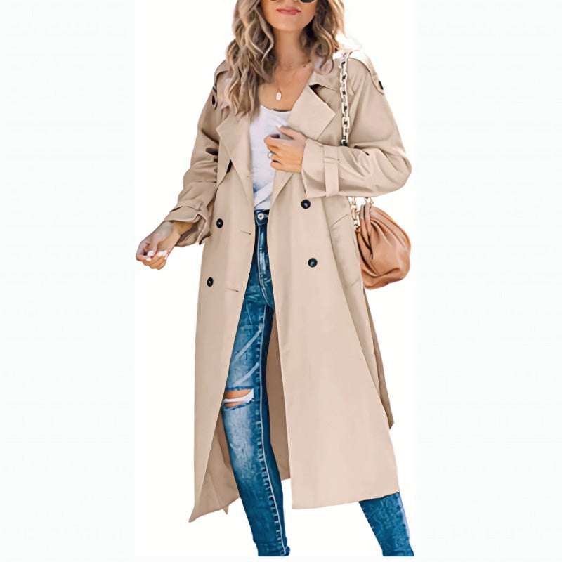 Lange Dames Trenchcoat met Ceintuur en Dubbele Knopen