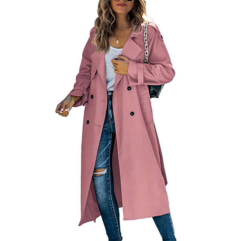 Lange Dames Trenchcoat met Ceintuur en Dubbele Knopen