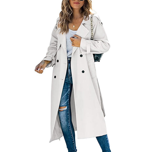 Lange Dames Trenchcoat met Ceintuur en Dubbele Knopen