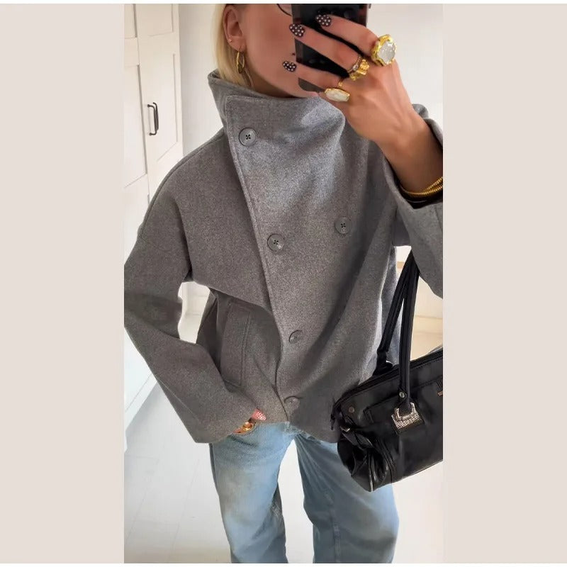 Women's Wool Blend Coat with High Collar and Buttons
