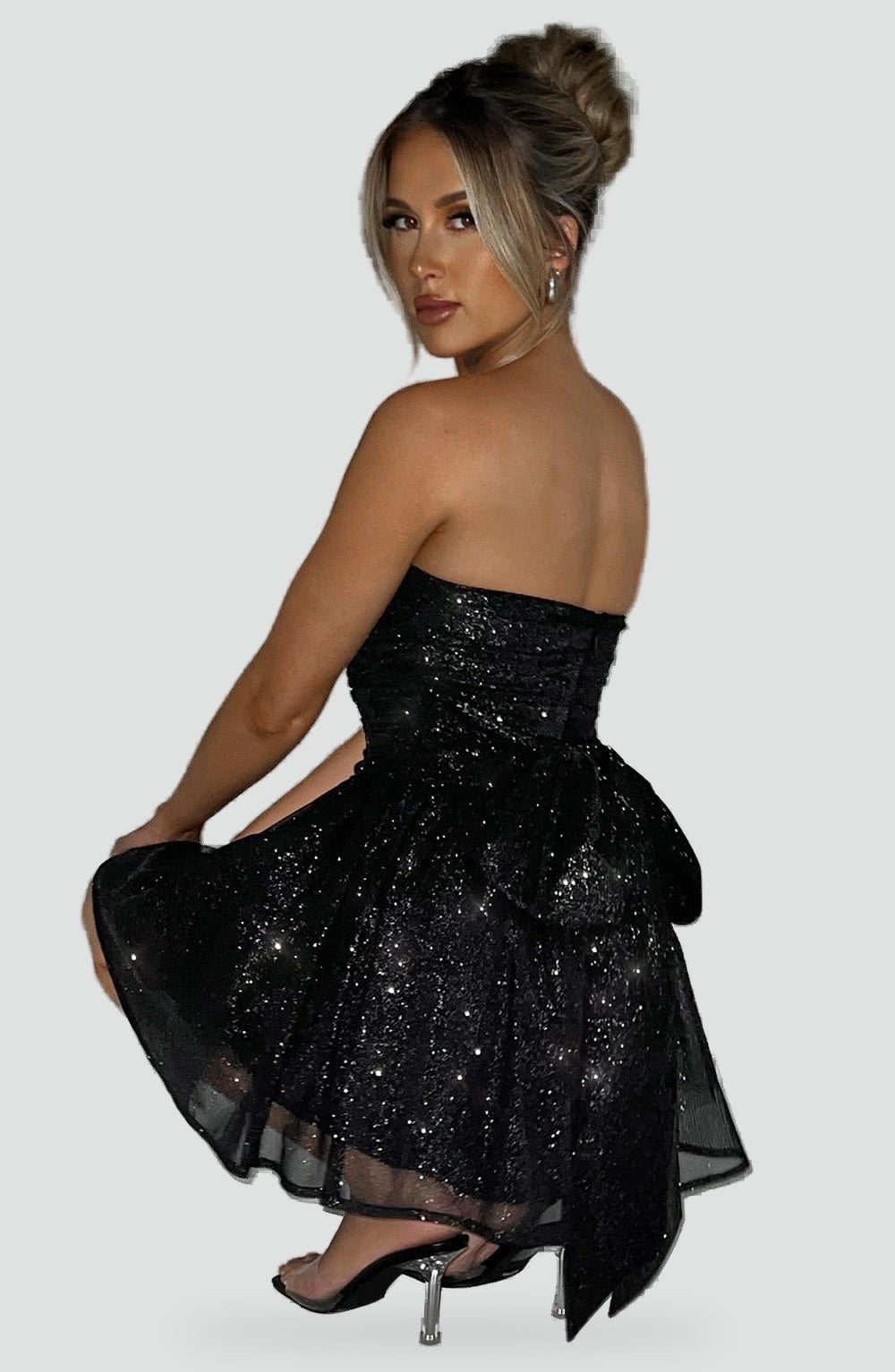 Strapless Glitter Dames Mini Jurk met Gedrapeerd Lijfje en Strik