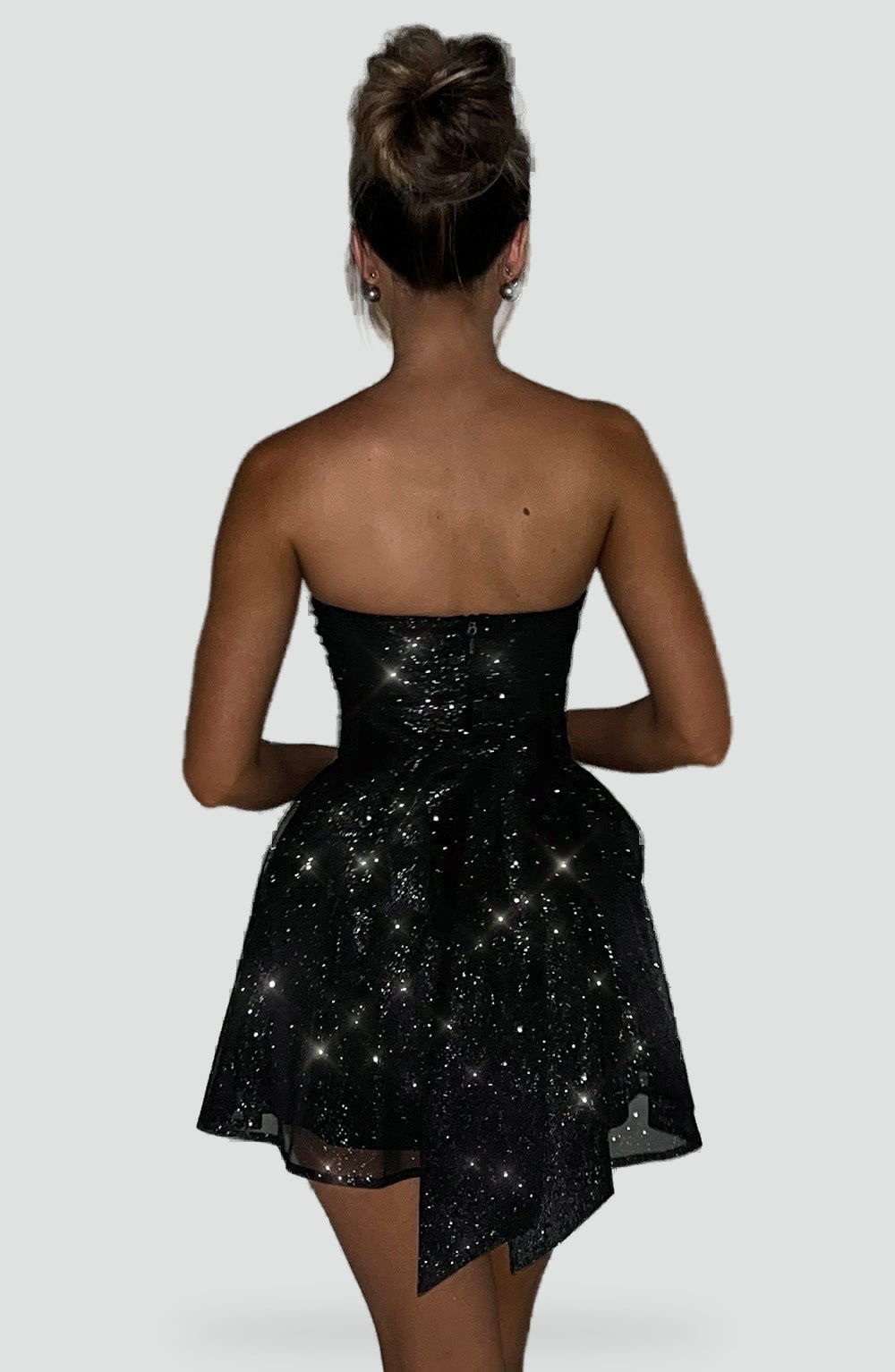 Strapless Glitter Dames Mini Jurk met Gedrapeerd Lijfje en Strik