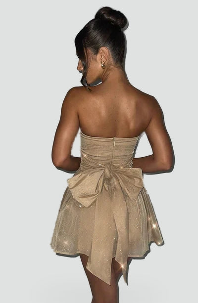 Strapless Glitter Dames Mini Jurk met Gedrapeerd Lijfje en Strik