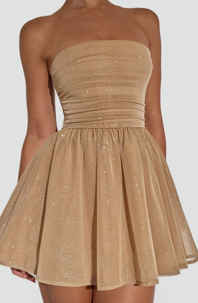 Strapless Glitter Dames Mini Jurk met Gedrapeerd Lijfje en Strik