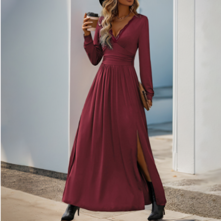 Elegante verfijnde dames maxi jurk met lange mouwen