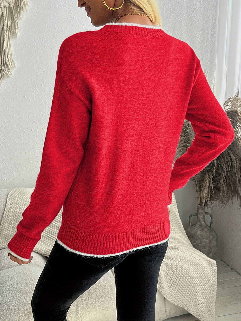 Gebreide Jacquard Dames Trui met Sneeuwvlokmotief en Ribboorden