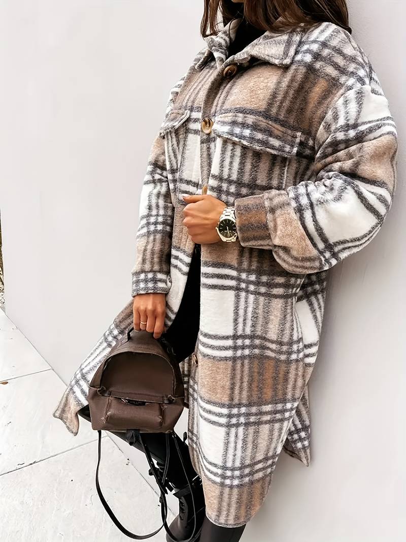 Stijlvolle Warme Dames Ruit Wollen Jacket Met Knopen