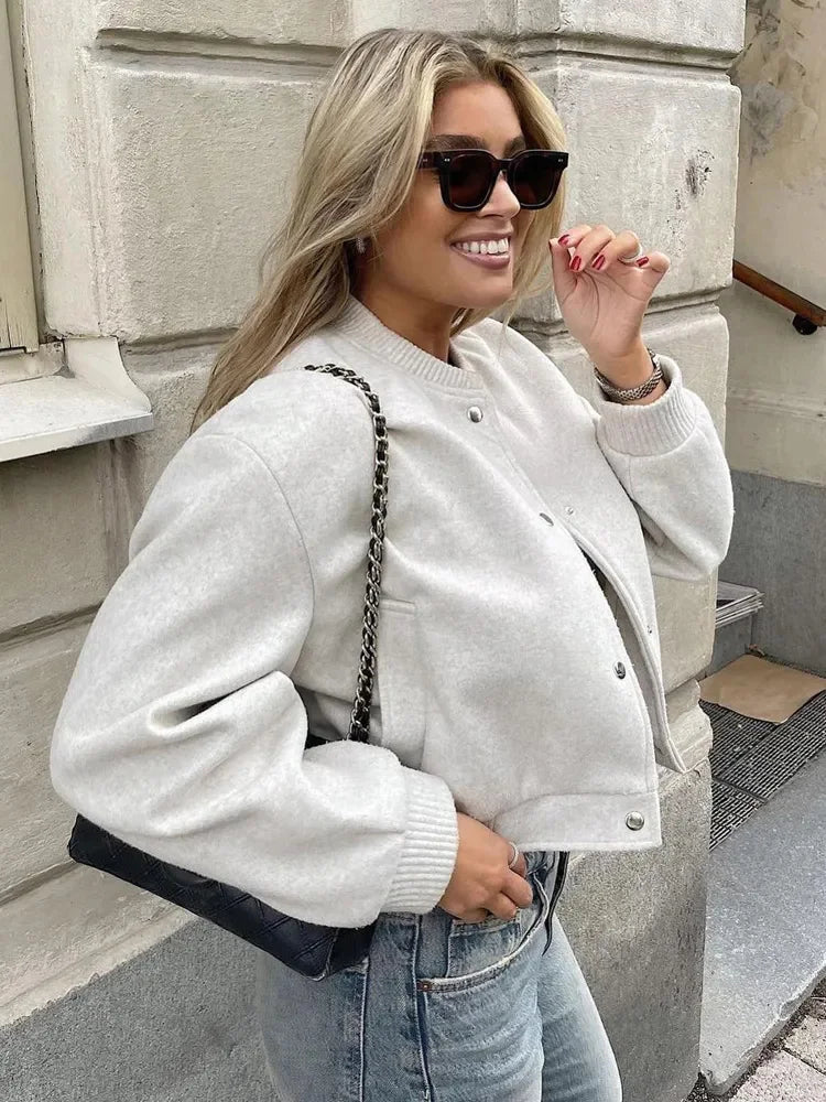 Stylish Women's Cropped Bomber Jacket with Snap Buttons