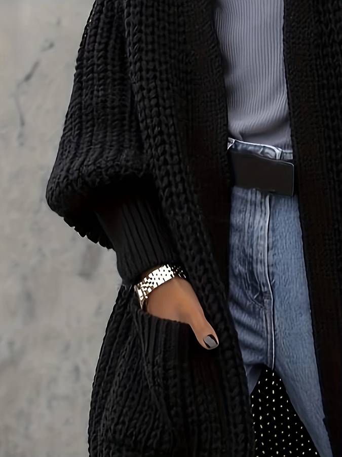 Luxe Gebreid Oversized Zwart Dames Lang Vest met Zakken