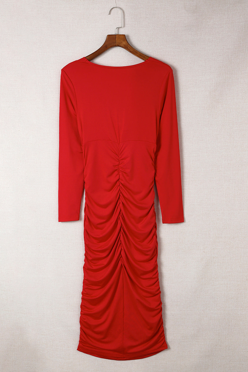 Rood Midi Jurk voor Dames met Lange Mouwen en V-hals