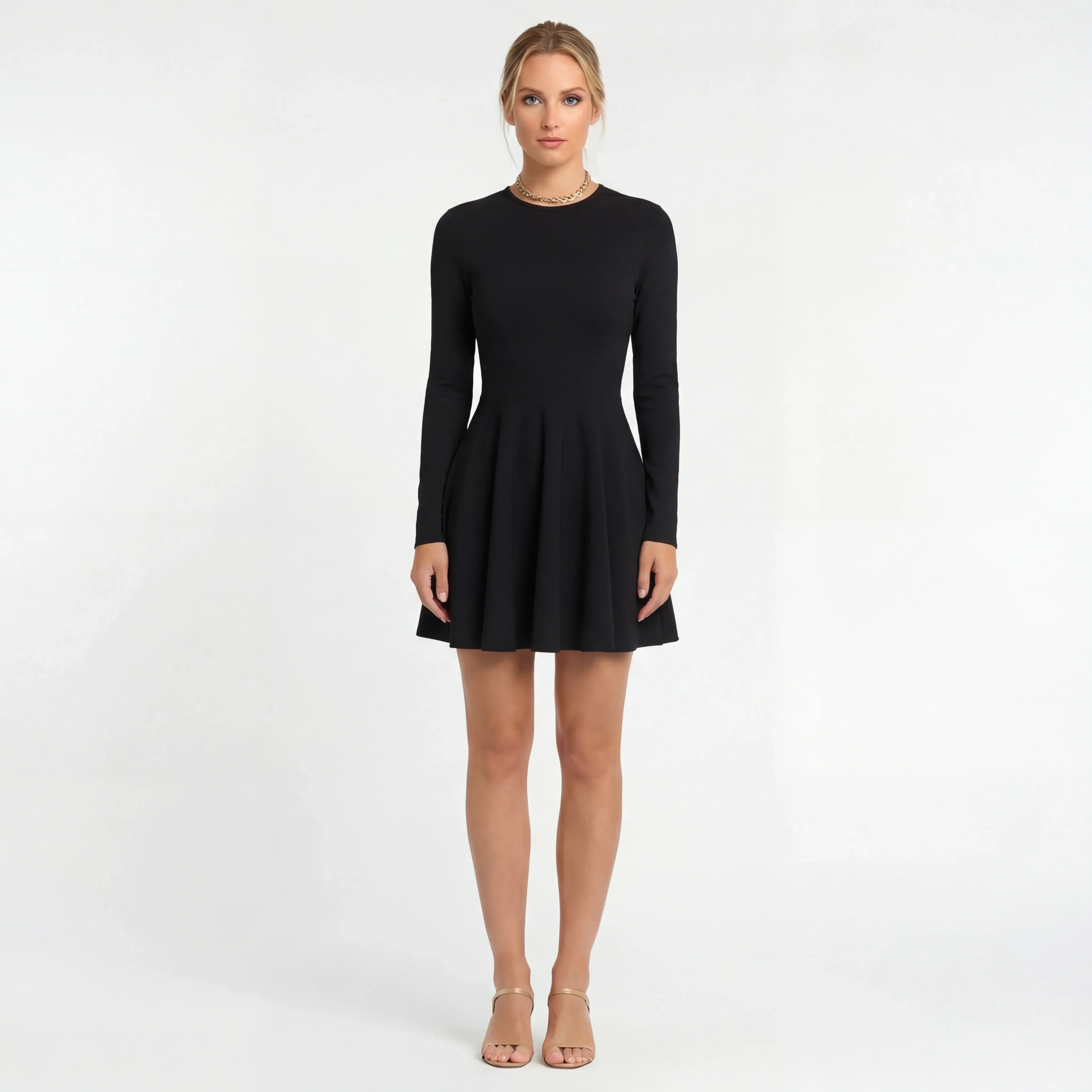 Casual Dames Mini Jurk Met Lange Mouwen en Uitlopende Rok