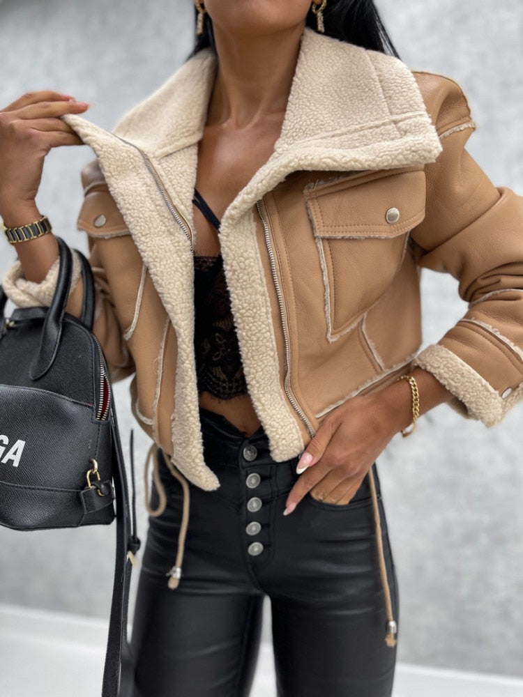 Blouson teddy biker chaud et tendance pour dames avec poches