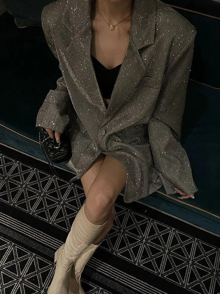 Blazer long scintillant chic pour femmes avec finition de luxe