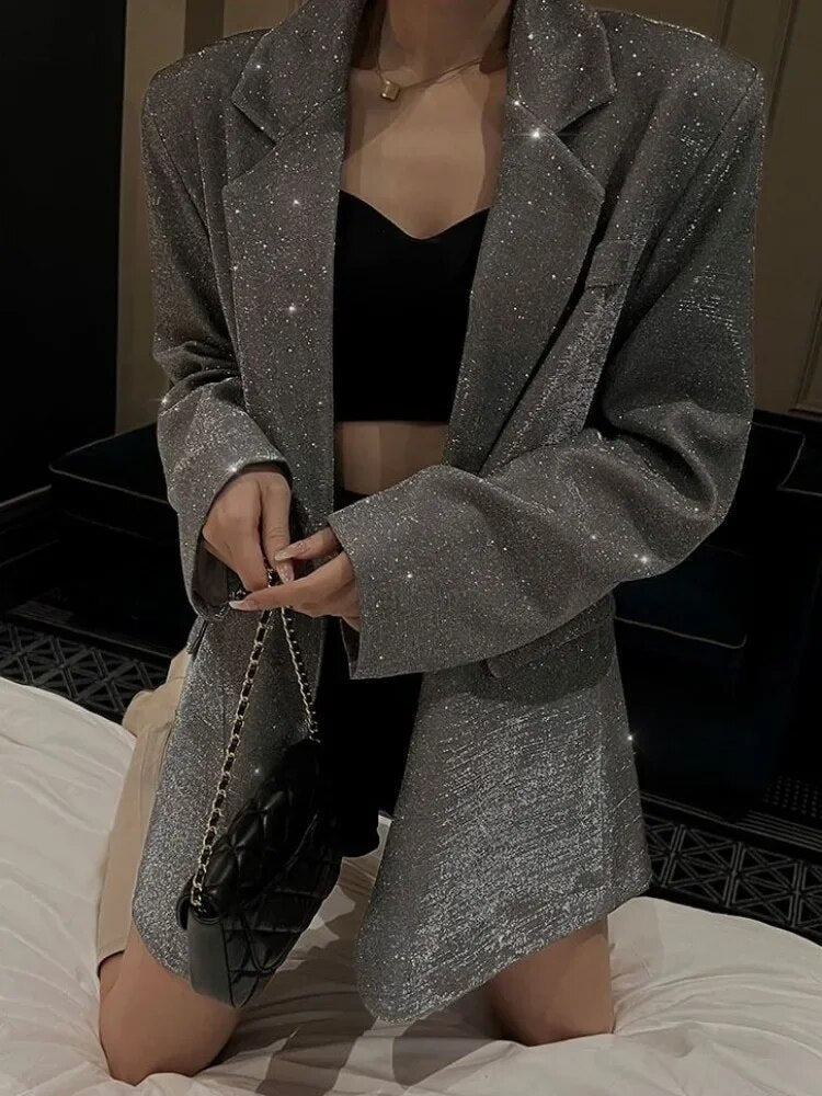 Blazer long scintillant chic pour femmes avec finition de luxe