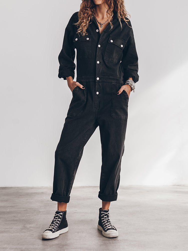 Stijlvolle Dames Utility Jumpsuit met Lange Mouwen en Zakken