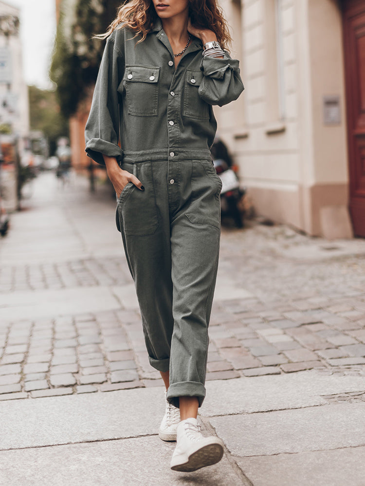 Stijlvolle Dames Utility Jumpsuit met Lange Mouwen en Zakken
