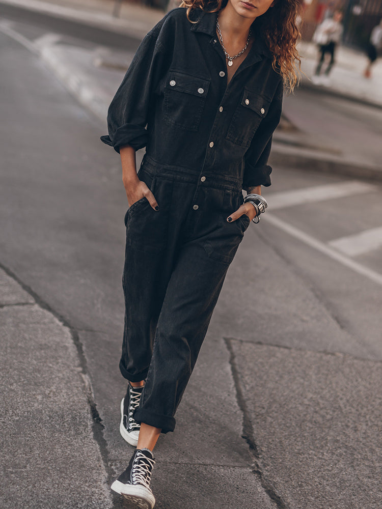 Stijlvolle Dames Utility Jumpsuit met Lange Mouwen en Zakken