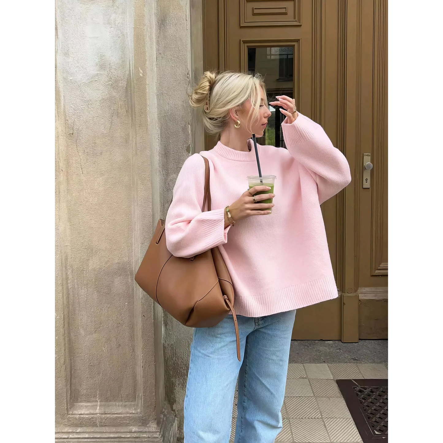 Zachte Oversized Roze Dames Trui met Lange Mouwen