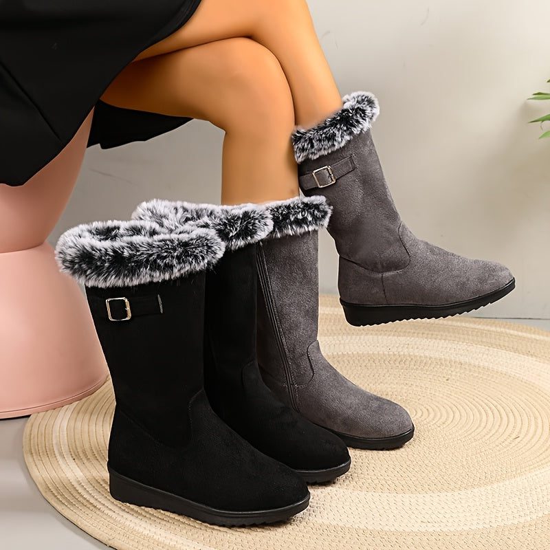 Gevoerde Dames Winterlaarzen met Kunstbontrand en Gespdetail