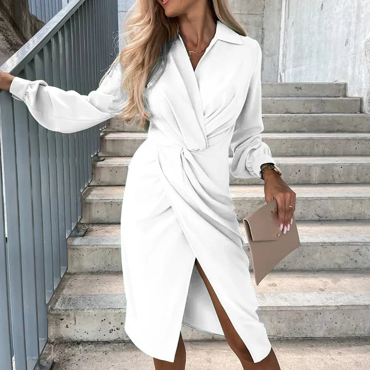 Hana | Elegante Midi-jurk met Diepe V-hals en Split