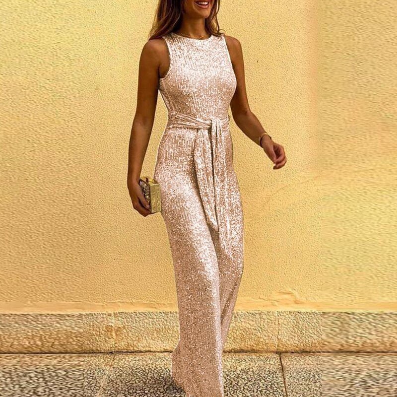 Luxe Glitterende Dames Jumpsuit met Ceintuur en Mouwloos