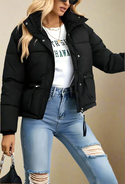 Trendy Warme Dames Puffer Jas met Rits en Hoge Kraag