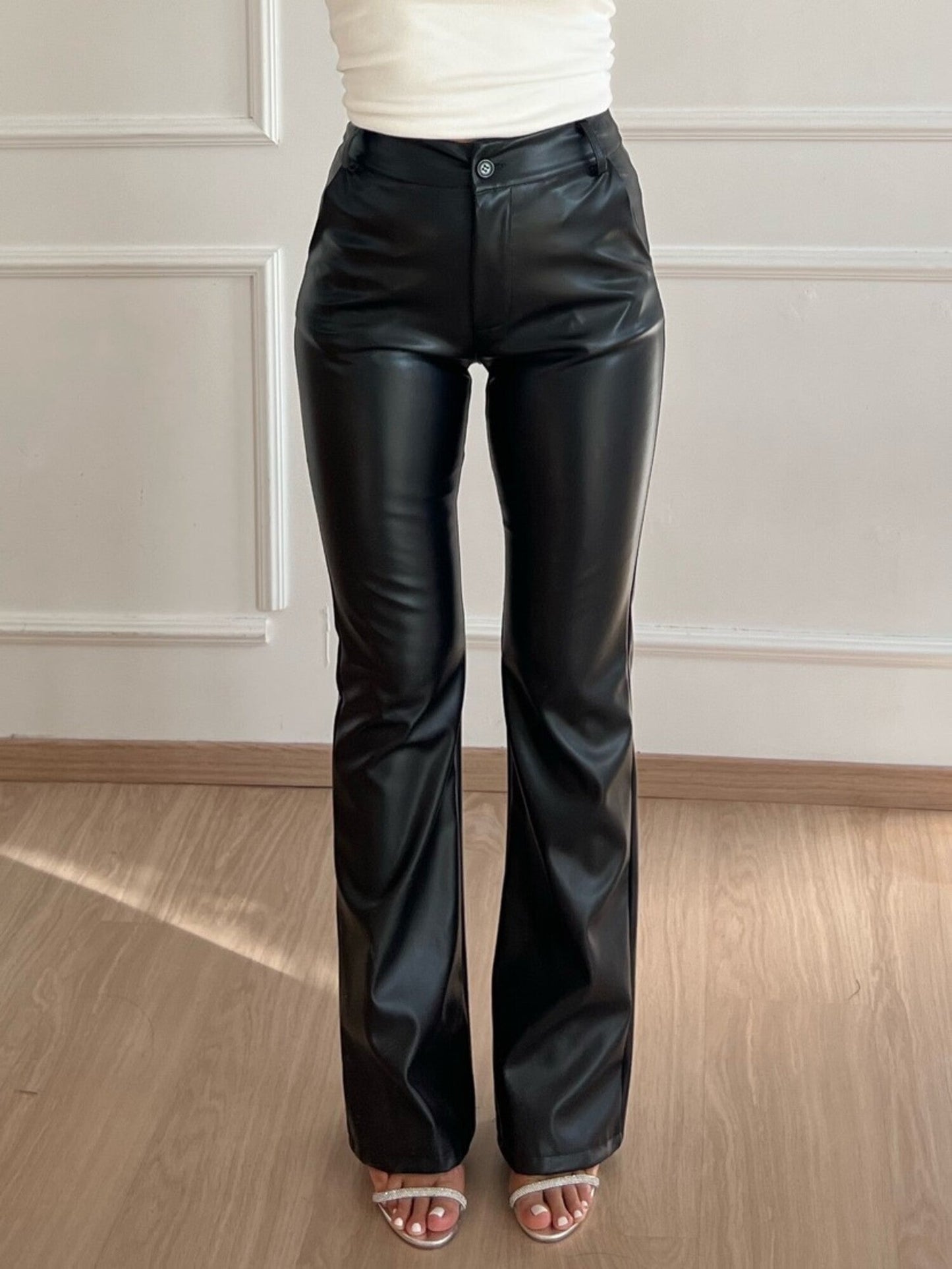 Maella | Flared Leren Broek met Hoge Taille