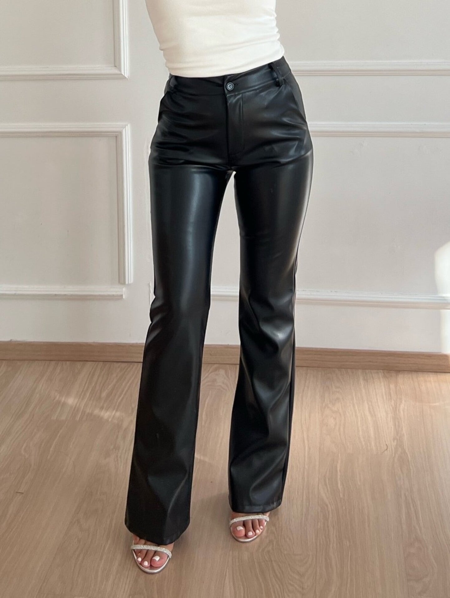Maella | Flared Leren Broek met Hoge Taille