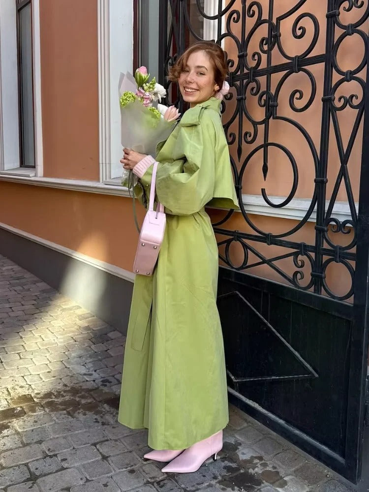 Lange Oversized Groene Dames Trenchcoat met Ceintuur