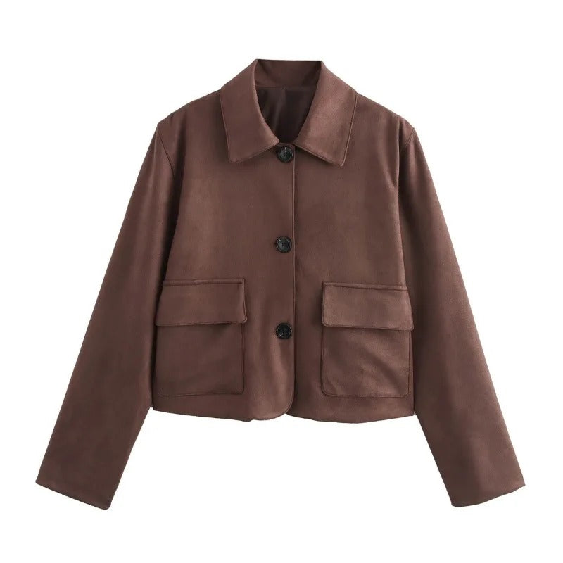 Brown Short Jacket with Collar and Pockets for Women