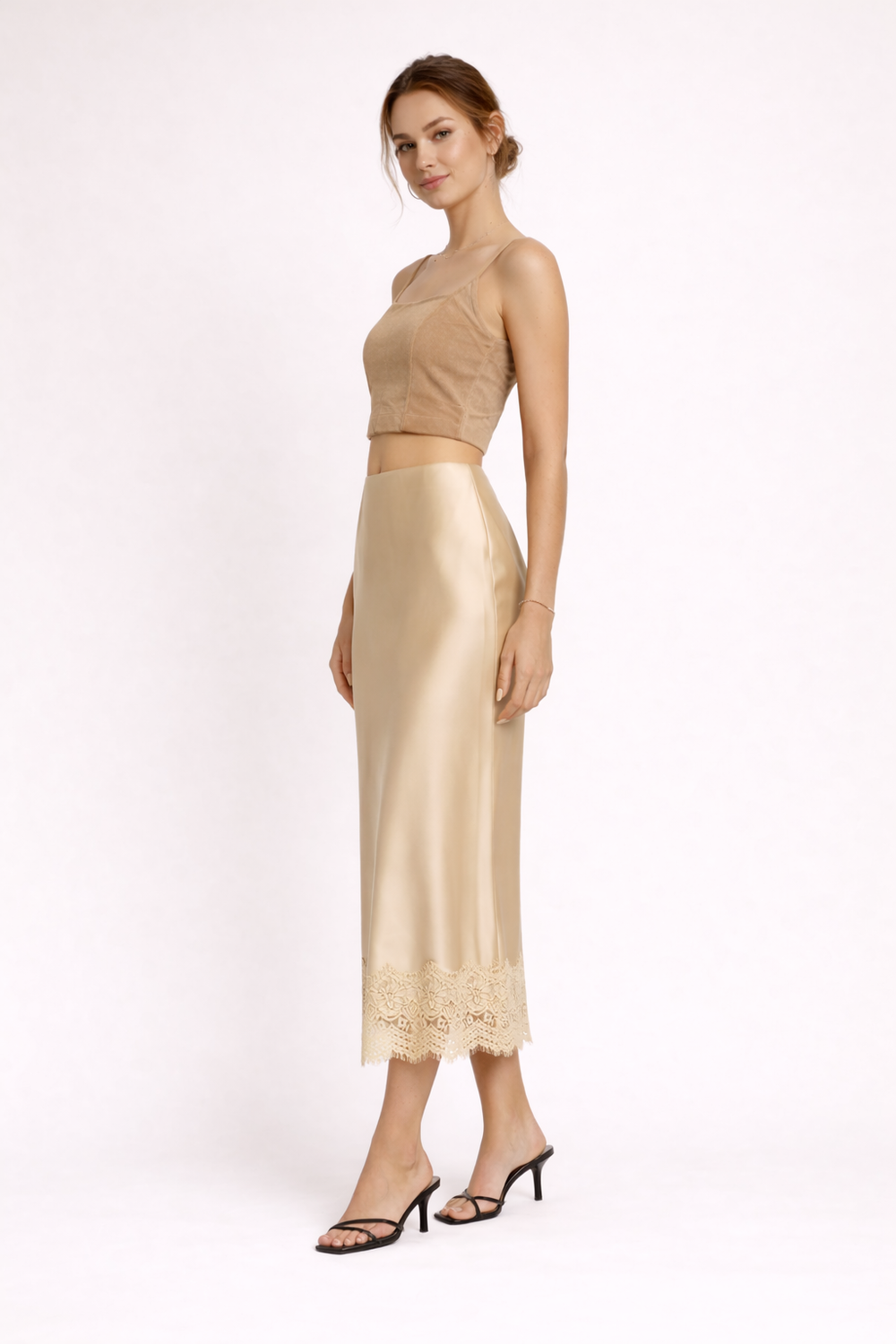 Women's Evening Lace Trim Maxi Skirt - Champagne