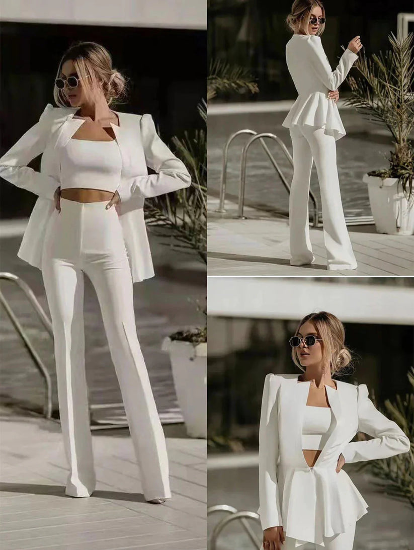 Chique Dames Blazer Set met Pantalon en Crop Top
