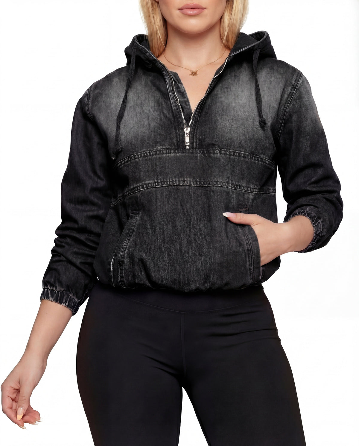 Casual Dames Denim Hoodie Met Zakken En Lange Mouwen
