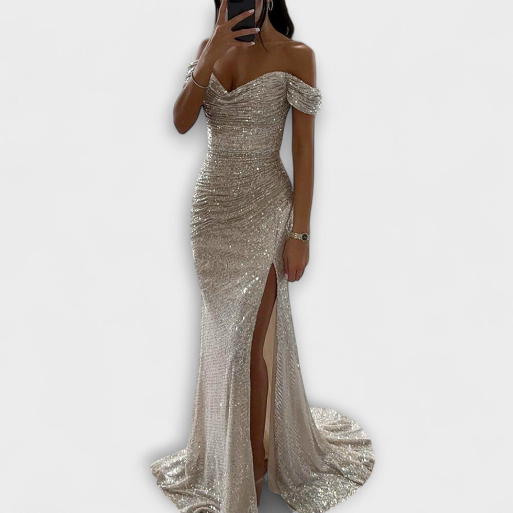 Elegante Pailletten Dames Maxi Jurk met Off-Shoulder Hals en Split
