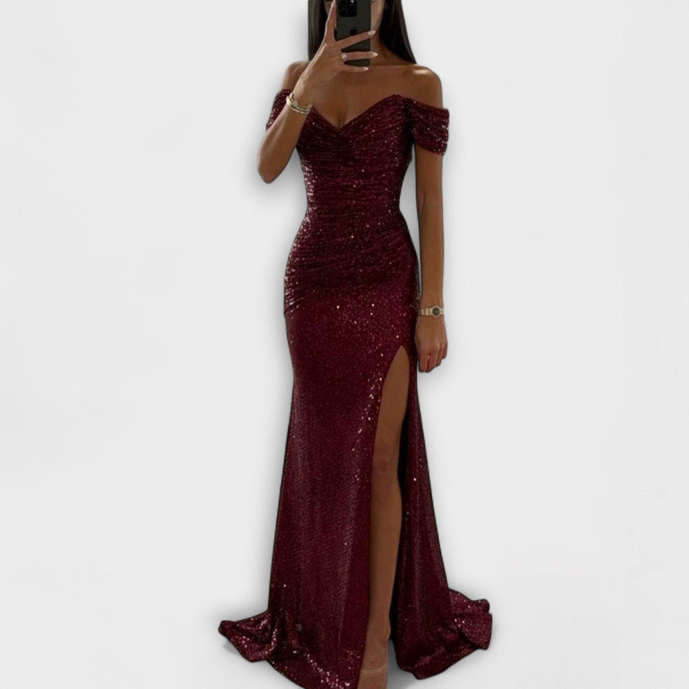 Elegante Pailletten Dames Maxi Jurk met Off-Shoulder Hals en Split