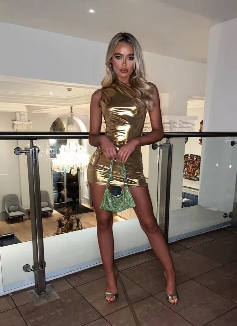 Nicky | Goudkleurige Metallic Mini Jurk