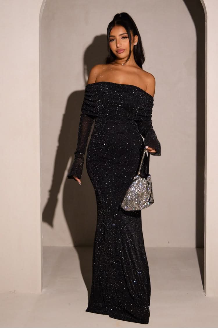 Chique Glitter Dames Maxi Jurk met Off-Shoulder Hals en Lange Mouwen