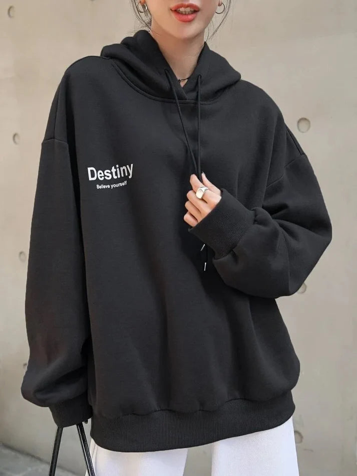Oversized Zwarte Dames Hoodie met Capuchon en Print
