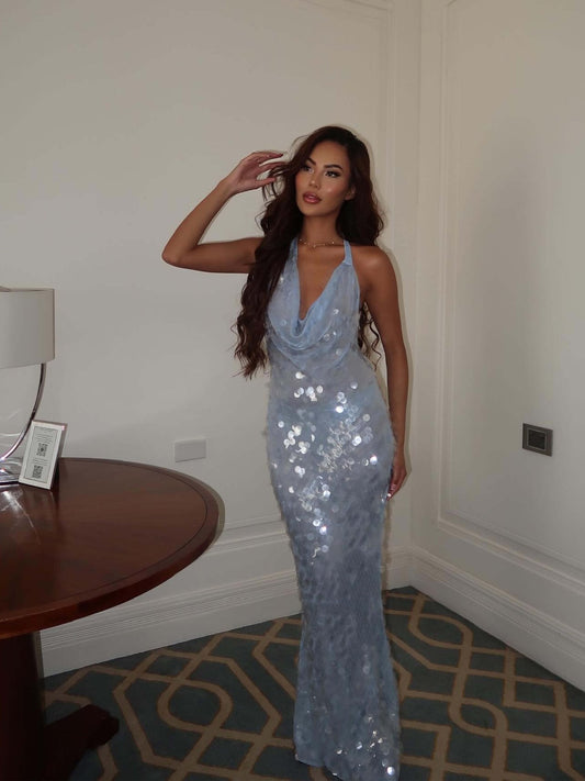 Blauw Pailletten Maxi Jurk voor Dames met Halternek