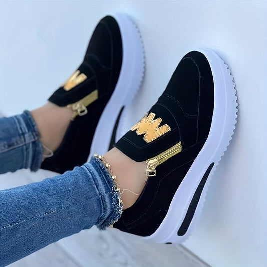 Margy | Dames Slip-On Sneakers met Gouden Ritsdetail en Verhoogde Zool