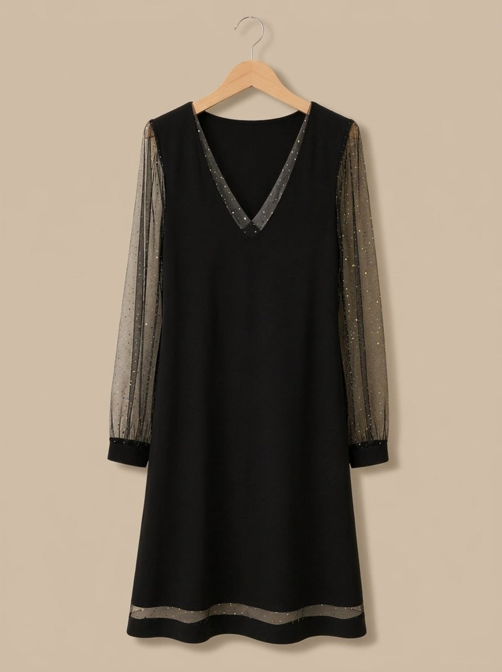 Glinsterende Dames Mini Jurk met Mesh Mouwen en Diepe V-Hals