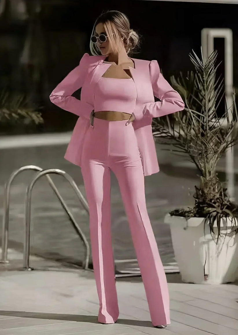 Chique Dames Blazer Set met Pantalon en Crop Top